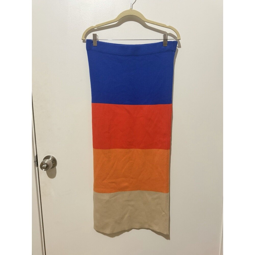 Anthropologie Kule Skirt Midi Colorblock Knit Celeste Preppy Wool Blend L NEW